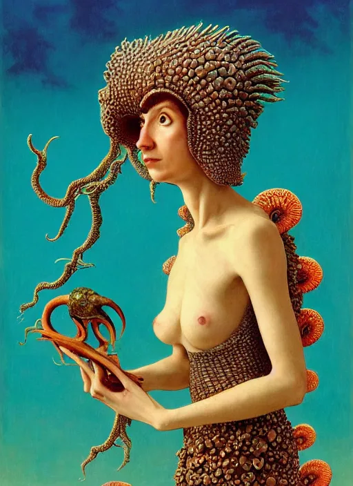 Prompt: cinematic portrait of the half ammonite dark crystal skeksis ramona flowers with wet hair dressed in branching coral armor!!! wearing fishnet knit dress biting into a juicy squid snack, ryden, kawase hasui, dorothea tanning, edward hopper and james gilleard, aivazovsky, beksinski, outram, artstation