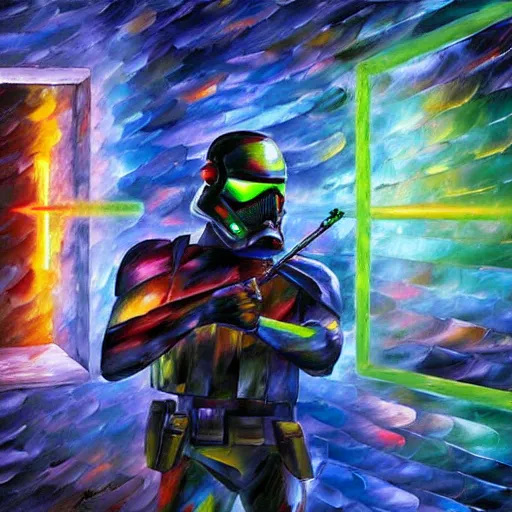 Prompt: A Neon Dark Trooper scanning a room with pulsating laser, artwork by Leonid Afremov