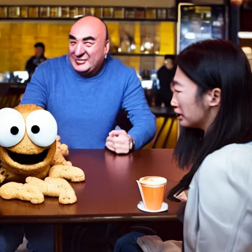 Image similar to Chinese Kevin O'leary talking with cookie monster, in a café