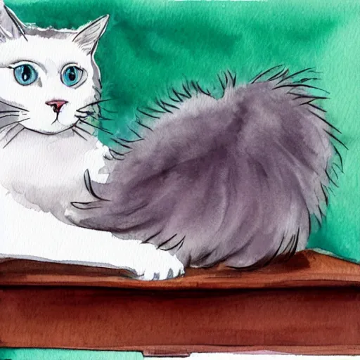 Image similar to ragdoll cat is lying on a computer table, girl is playing with computer, watercolor painting