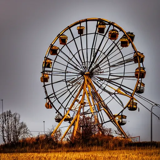 Image similar to an old abandoned rusty ferris wheel, in a town filled with pale yellow mist. Dystopian. Award-winning photo. Sigma 40mm f/1.4 DG HSM
