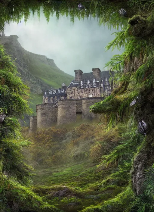 Prompt: a beautiful digital graphics design portrait of Edinburgh castle overgrown with plants, caledonian forest, matte painting, fantasy art, highly detailed