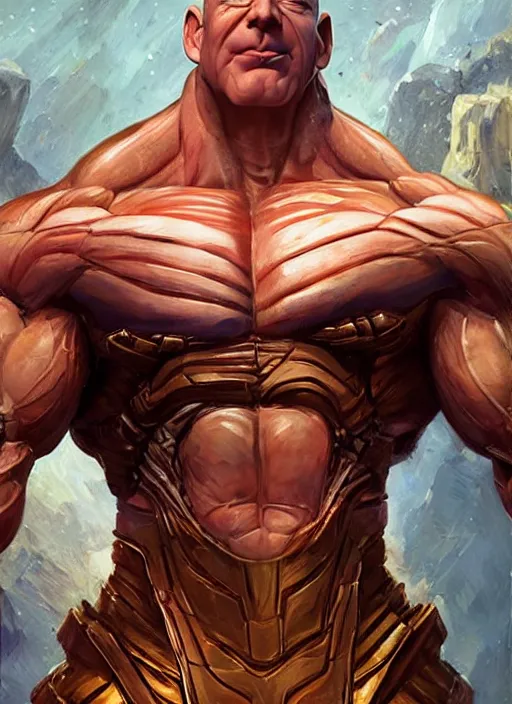 Prompt: jeff bezos is a muscular bodybuilder as thanos, au naturel, hyper detailed, digital art, trending in artstation, cinematic lighting, studio quality, smooth render, unreal engine 5 rendered, octane rendered, art style by klimt and nixeu and ian sprigger and wlop and krenz cushart.