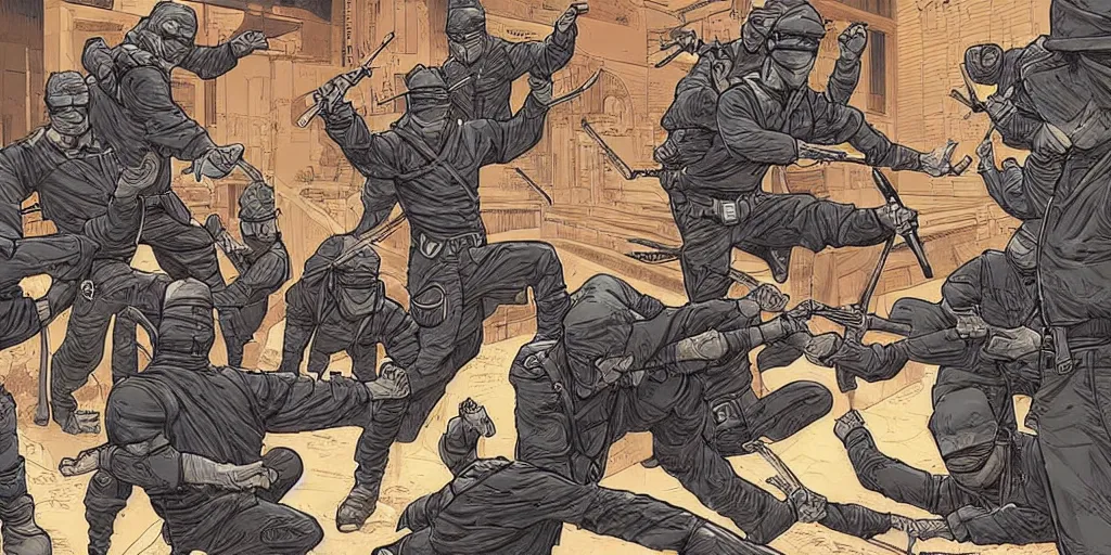 Prompt: keystone cops vs. Ninjas. Epic painting by James Gurney and Laurie Greasley.
