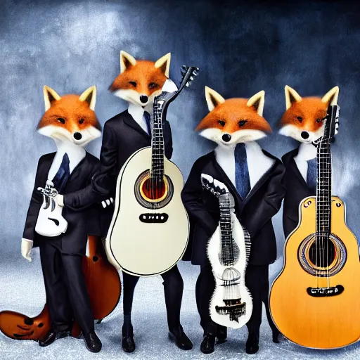 Image similar to photorealistic music album cover, with foxes animals dressed in suits, holding guitars, on a beach, all looking at camera, studio lighting, award winning photograph, 8 5 mm f / 1. 4