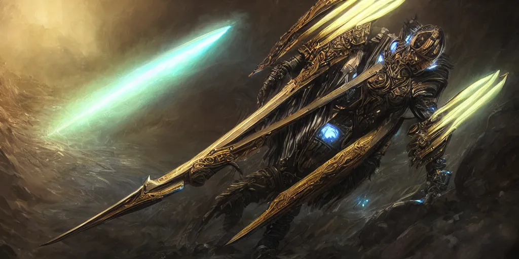 Image similar to legendary cybernetic full long sharp sword lying flat on a glowing table with a black and iridescent sword blade, digital award winning hd matte painting, intimate dark moody, intricate, ornate spikes, colorful hilt, detailed realistic, raytraced blade, colored gems, future golden technological pommel, in the style of greg rutkowski and krenz cushart, deviantart