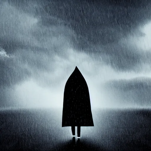 Image similar to hooded figure walking in a thunderstorm, illustration, 4 k, highly detailed