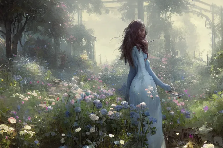 Image similar to a beautiful painting of blue roses garden, girl, by greg rutkowski, trending on artstation