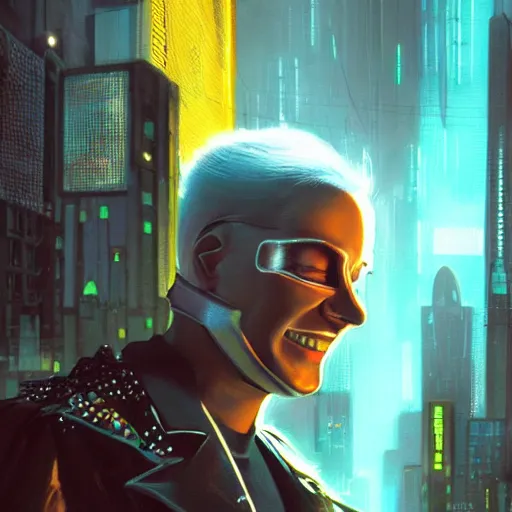 Image similar to cyberpunk, closeup portrait of a cyberpunk entertainer, hologram, blond hair, grey eyes, sadistic smile, delicate jaw, dramatic light, city background, sunset, dystopian setting, high contrast, sharp, neuromancer, peter riviera, painted by stanley lau, painted by greg rutkowski, painted by stanley artgerm, digital art, trending on artstation