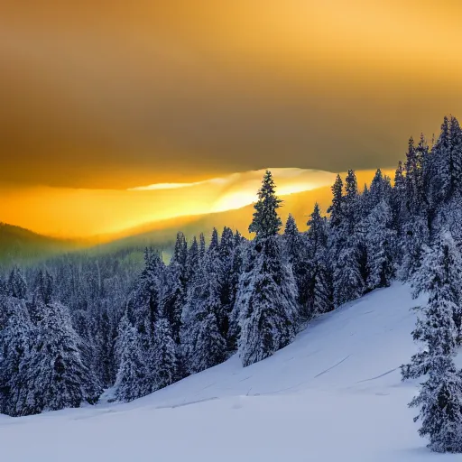 Image similar to snowfall over a beautiful mountain scene with sparse rays of sunshine