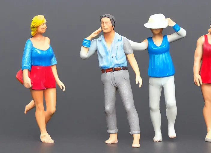 Prompt: Image on the store website, eBay, Full body, 80mm resin figure of People dressed in vacation attire, gray background