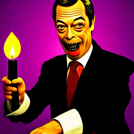 Image similar to nigel farage as count dracula, dramatic movie poster, candle light, digital art, detailed, dark intense colors