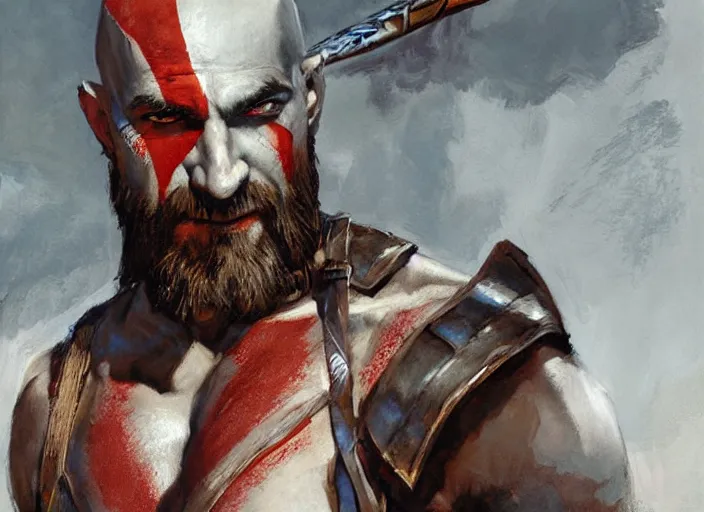 Prompt: a highly detailed beautiful portrait of antony starr as kratos, by gregory manchess, james gurney, james jean