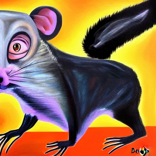 Image similar to danny devito in the form of a possum scaring away cats abstract painting