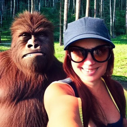 Image similar to a sasquatch and a human pose for a picture together, instagram post, selfie, well - lit