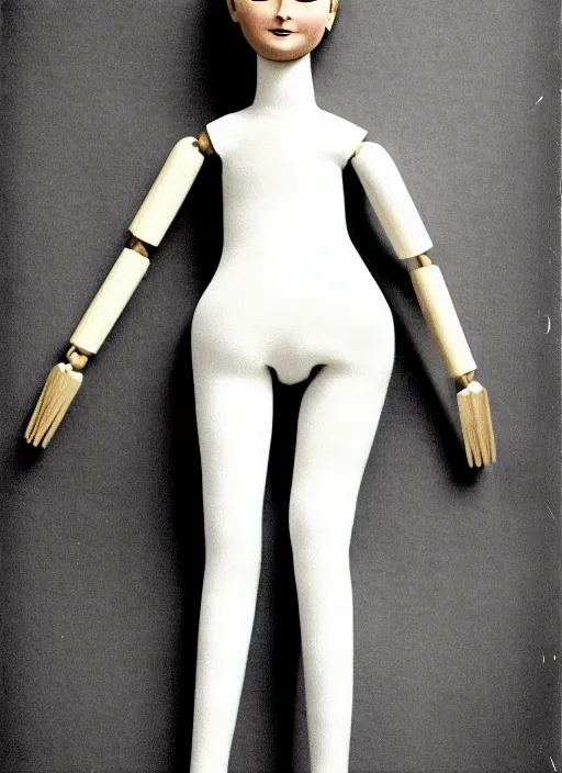 Prompt: realistic photo of a female full - height model wooden realistic sculpture doll made of wooden, wearing white tights, very very long brass spikes needles, center straight composition, seamless, isometric view, profile view 2 0 0 0, life magazine photo, museum archival photo