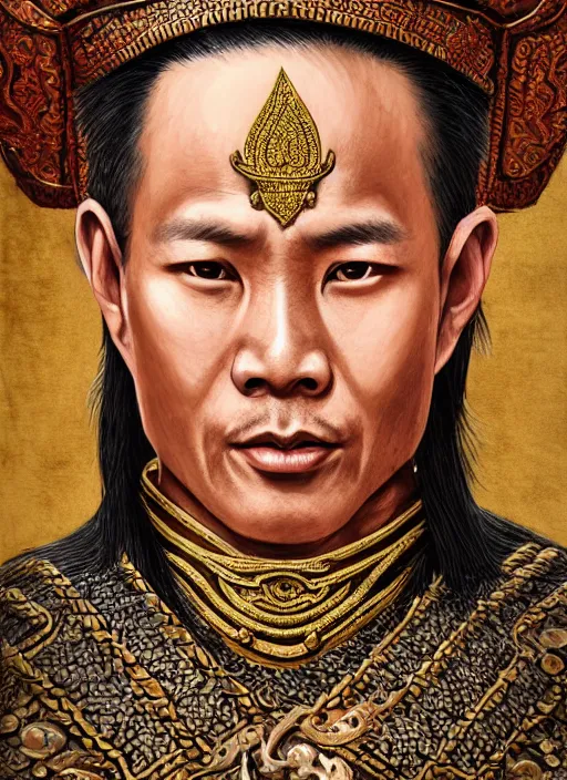 Prompt: king ramkhaheang of sukhothai, close portrait, historical, ethnic group, traditional tai costume, sukhothai headset, leather shoulder armor, fantasy, intricate, with leather armor cross onbare chest, elegant, loin cloth, highly detailed, oill painting, artstation, concept art, matte, sharp focus, illustration, hearthstone, art by earl norem