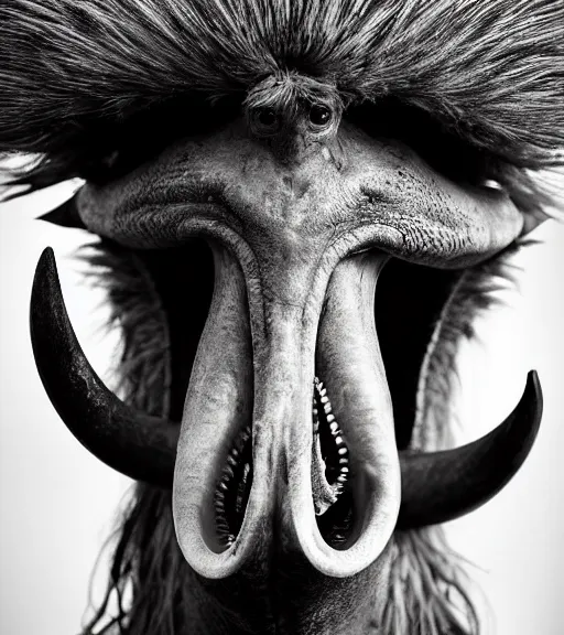 Prompt: Award winning Editorial up-angled photograph of Early-medieval Scandinavian Folk ostrich Baring its teeth with incredible hair and fierce hyper-detailed eyes by Lee Jeffries and David Bailey, 85mm ND 4, perfect lighting, a heart-shaped birthmark on the forehead, dramatic highlights, wearing traditional garb, With huge sharp jagged Tusks and sharp horns, gelatin silver process