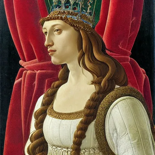 Image similar to portrait of tyrannosaurus as italian queen, painting by botticelli