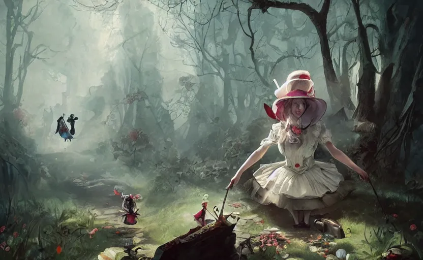 Image similar to a painting of alice in wonderland trending on artstation in the style of greg rutkowski