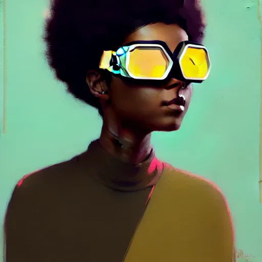 Image similar to Beautiful woman wearing goggles profile picture by Greg Rutkowski, brown skin, afro hair, asymmetrical, studio ghibli, Organic Painting , Matte Painting, geometric shapes, hard edges, street art, trending on the artstation, realistic by Sachin Teng,