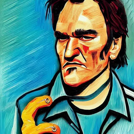 Image similar to an artistic portrait of quentin tarantino, in style of van gogh