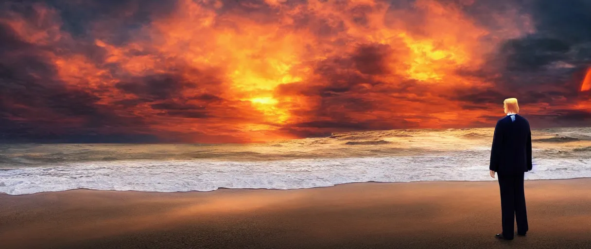 Image similar to donald trump at the beach, mordor looming behind the sunset 4 k, hd, explosive, colorfull