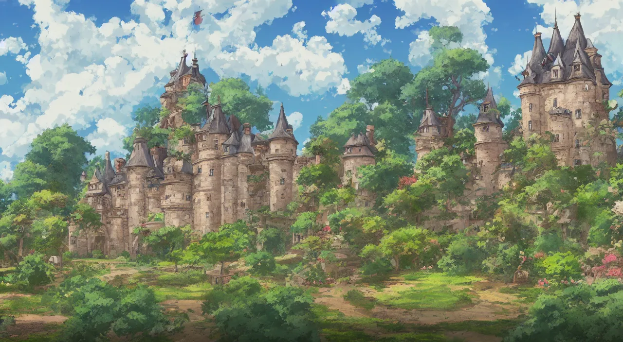 Image similar to a landscape painting of a French castle, with a garden, in the style of anime, by Studio Ghibli, trending on artstation