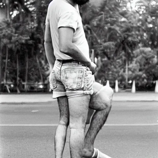 Prompt: fidel castro wearing denim shorts, from behind, full body portrait, 3 5 mm film, by nan goldin