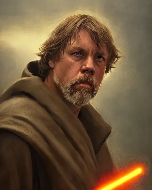 Image similar to luke skywalker, jedi knight. fantasy science fiction art by greg rutkowski, gustave courbet, rosa bonheur, edward hopper. faithfully depicted facial expression, perfect anatomy, realistic eyes, sharp focus, global illumination, radiant light, detailed and intricate environment, trending on artstation