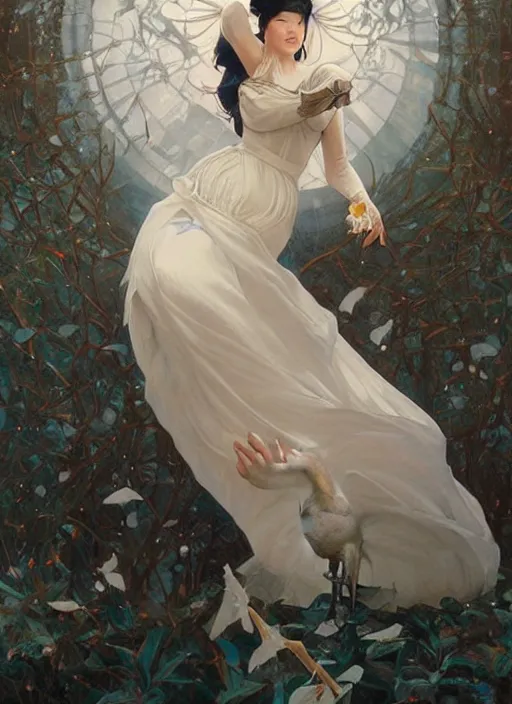 Image similar to portrait of snow white, birds, white spike aura in motion, floating pieces, painted art by tsuyoshi nagano, greg rutkowski, artgerm, alphonse mucha, spike painting