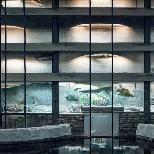 Image similar to aquarium, interior in the brutalist style