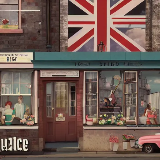 Prompt: digital matte glossy painting nostalgic 1 9 5 0 s ice cream and village britain, detailed in the style of trevor mitchell