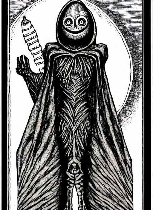 Prompt: the flatwoods monster as a d & d monster, full body, pen - and - ink illustration, etching, by russ nicholson, david a trampier, larry elmore, 1 9 8 1, hq scan, intricate details, inside stylized border