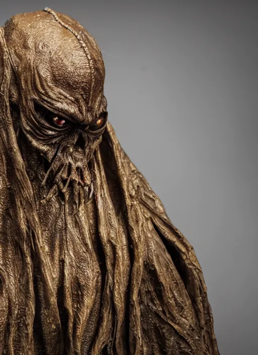 Prompt: photo taken of an epic intricate, ultra detailed, super realistic sculpture of a nightmarish hellish demonic hooded grim reaper sculpture on display in a workshop, created by weta workshop, full body shots, photorealistic, sharp focus, f 0. 4, face centred, macro photography, golden ratio, golden hour