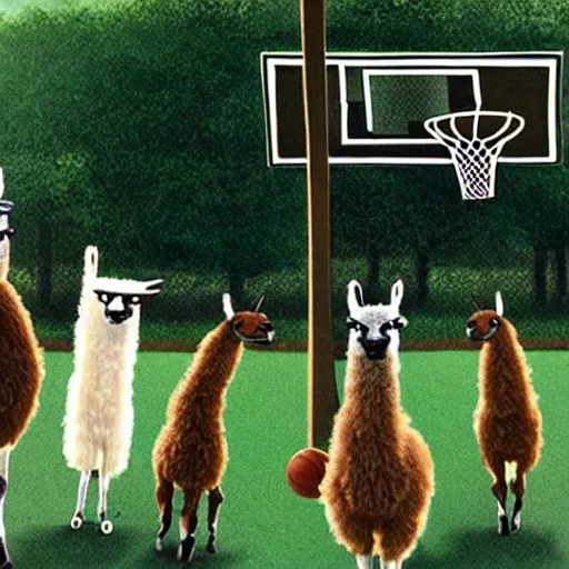 Image similar to llamas playing basketball, movie still