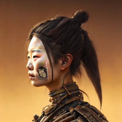 Image similar to portrait painting of a post - apocalyptic japanese lady wearing rusty samurai armor and traditional warpaint, ultra realistic, concept art, intricate details, eerie, highly detailed, photorealistic, octane render, 8 k, unreal engine. art by artgerm and greg rutkowski and charlie bowater and magali villeneuve and alphonse mucha