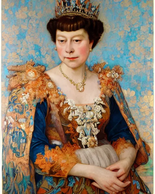 Image similar to queen elizabeth, portrait painting by richard schmid, edgar maxence, kehinde wiley, thomas moran, maxfield parrish, studio ghibli, loish, alphonse mucha, fashion photography