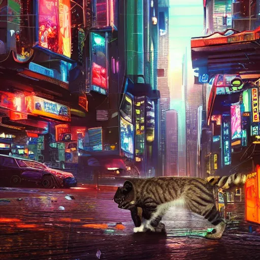 Prompt: A cat exploring a cyberpunk city inhabited by robots, photorealistic digital art, high detail,