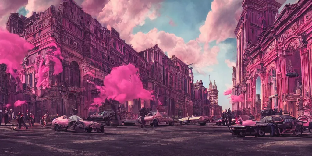 Prompt: oil painting, a lot of punks, pink, rich deep colors masterpiece, neon, ultra detailed, contrast, heaven pink, lots of roman arches, punk rock with mohawks, clouds, sky, volumetric light, atmospheric lighting, dramatic, cinematic, moody, octane render 4 k, 8 k