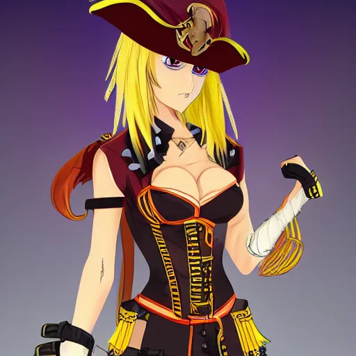 Image similar to advanced digital anime character art, female pirate captain with a yellow and a red eye , res brown hair wearing a corset and large pirate hat with feathers. —H 768