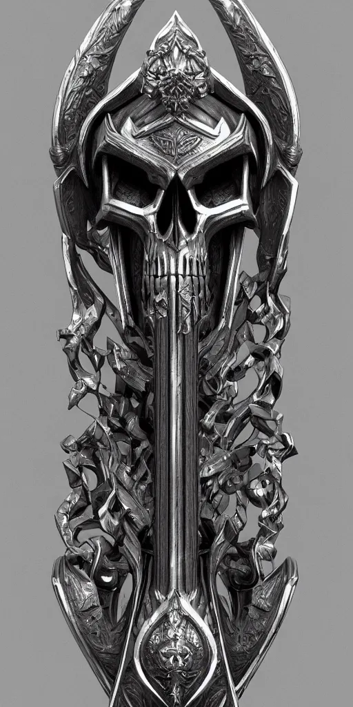 Prompt: a black and silver sword skull crest, ornament, weapon, a 3 d render by dom qwek, front side, concept art, trending on polycount, artstation, hard surface modeling, rendered in maya, zbrush, hd, vray, blizzard concept, symmetry