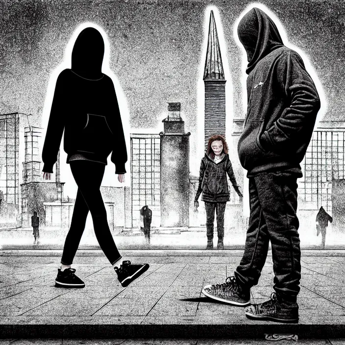 Image similar to sadie sink in hoodie sits on bench in a square, pedestrians walk by. background of old soviet monument and pedestrians. storyboard, scifi cyberpunk. by gabriel hardman, joe alves, chris bonura. cinematic atmosphere, detailed and intricate, perfect anatomy