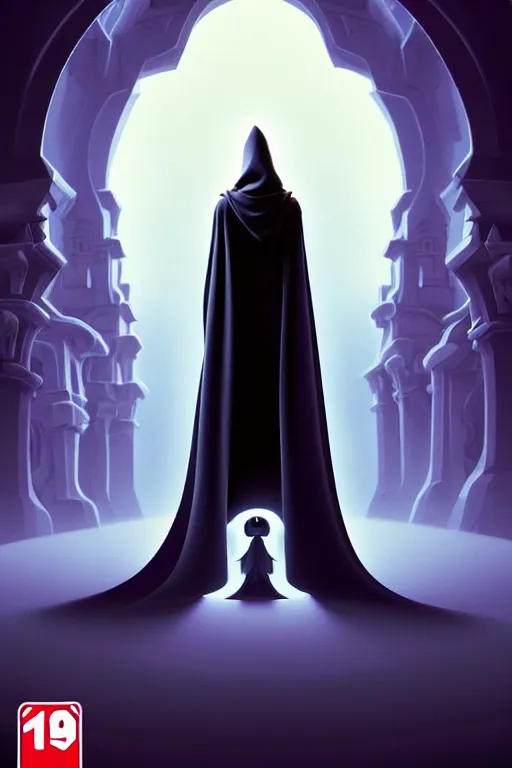 Image similar to video game cover, disney grim reaper dressed with a cape, intricate baroque style. by glen keane, by goro fujita, by octavio ocampo, masterpiece. intricate artwork, very coherent symmetrical artwork, cinematic, octane render, smooth gradients, high contrast. full body character, clean ink detailed line drawing