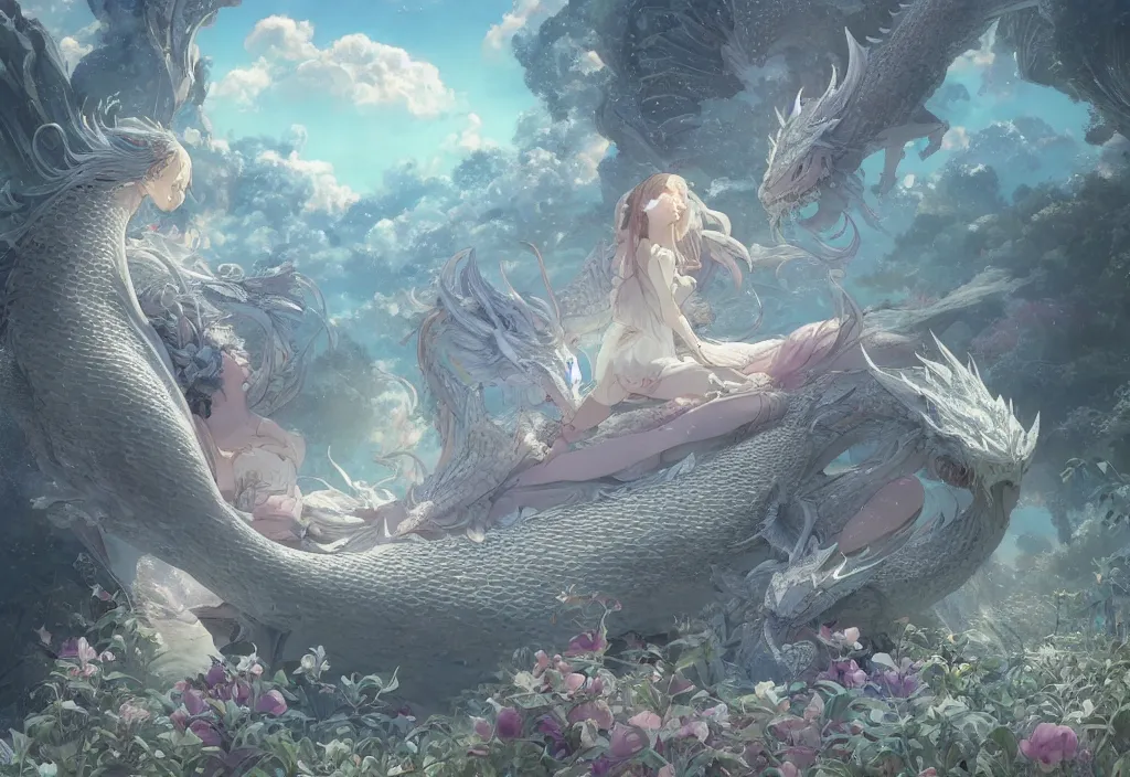 Image similar to the beautiful hyper detailed scene render that a lonely single beautiful girl lies in the arms of a huge silver dragon alone in the fairyland surrounded by white clouds, in the style of makoto shinkai victo ngai and peter mohrbacher studio ghibli artgerm karol bak beeple, animation style, 8 k hd, dream, ultra wide angle, animation style