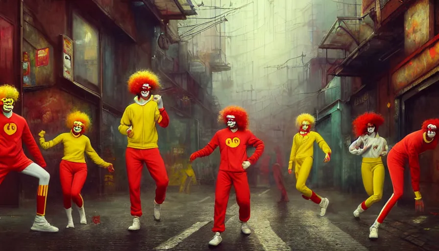 Prompt: highly detailed painting of a group of ronald mcdonalds with red afros, white facepaint, red noses and yellow tracksuits dancing in a cyberpunk alleyway by william turner, by greg rutkowski, by william constable, thick brush strokes and visible paint layers, 4 k resolution, retrowave colour scheme