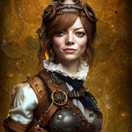 Prompt: underwater steampunk pirate portrait of emma stone, hyper detailed, digital art, trending in artstation, cinematic lighting, studio quality, smooth render, unreal engine 5 rendered, octane rendered, art style by klimt and nixeu and ian sprigger and wlop and krenz cushart.