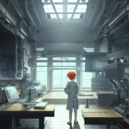 Image similar to in the hightech laboratory full of different advanced metal equipments very high details, volumetric fog, raytracing anime style girl in labcoat, fantastic details, anime art, trending on artstation, pixiv, makoto shinkai key visual kyoto animation studio ghibli tran ross and alphonse mucha and wlop concept art