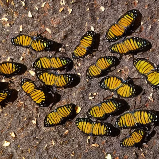 Prompt: many butterfly caterpillars eating leaves