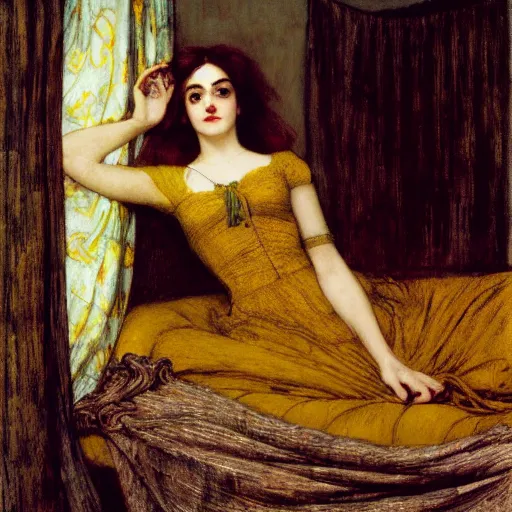 Image similar to portrait reclining on bed, hybrid of judy garland and camilla belle, aged 2 5, brown fringe, wide shot, yellow ochre ornate medieval dress, john william waterhouse, kilian eng, rosetti, john everett millais, william holman hunt, william morris, 4 k